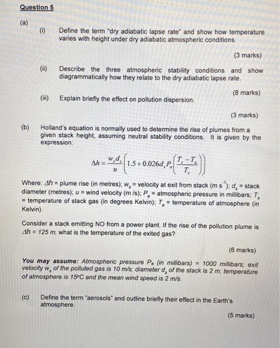 Solved (a) (i) Define the term "dry adiabatic lapse rate"