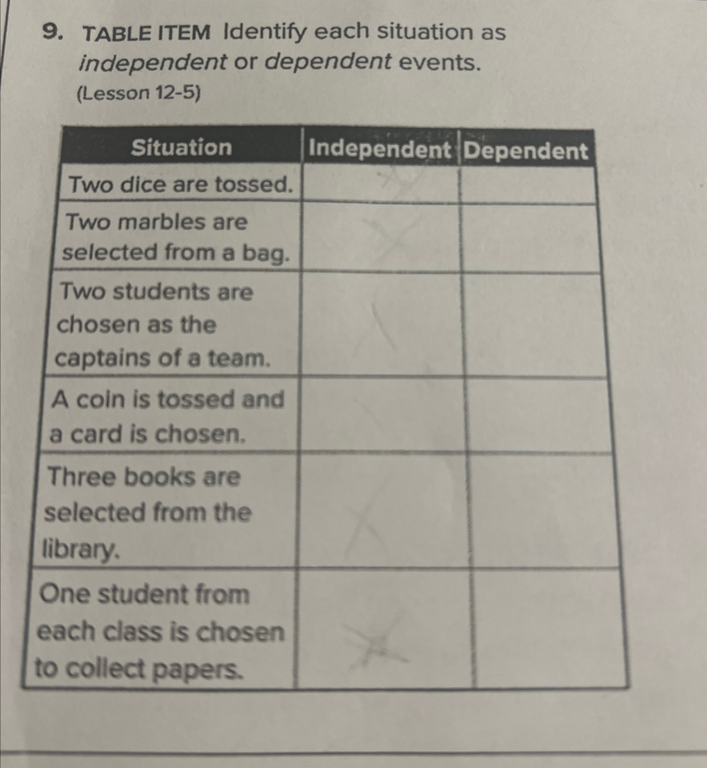 Solved TABLE ITEM Identify each situation as independent or | Chegg.com