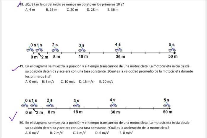 48. ¿Qué tan lejos del inicio se mueve un objeto en los primeros 10 s? A. \( 4 \mathrm{~m} \) B. \( 16 \mathrm{~m} \) C. \( 2