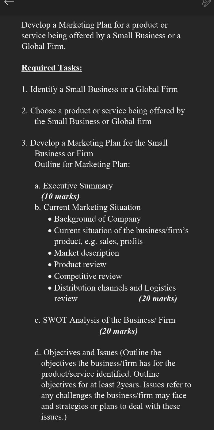 Develop a Marketing Plan for a product or service | Chegg.com