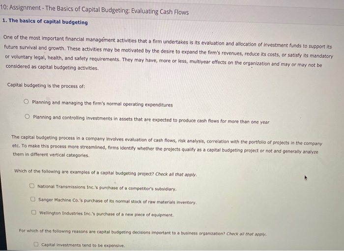 Solved 10: Assignment - The Basics of Capital Budgeting: | Chegg.com
