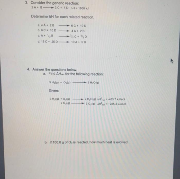 Solved Consider the generic reaction: 2 A+B −C+5DAH=1800 kJ | Chegg.com
