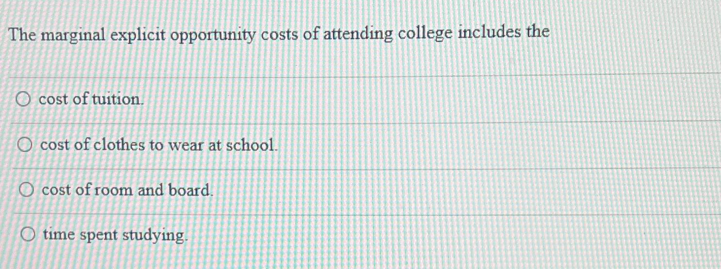 Solved The Marginal Explicit Opportunity Costs Of Attending | Chegg.com