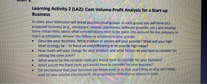 Solved Learning Activity 2 (LA2): Cost-Volume-Profit | Chegg.com