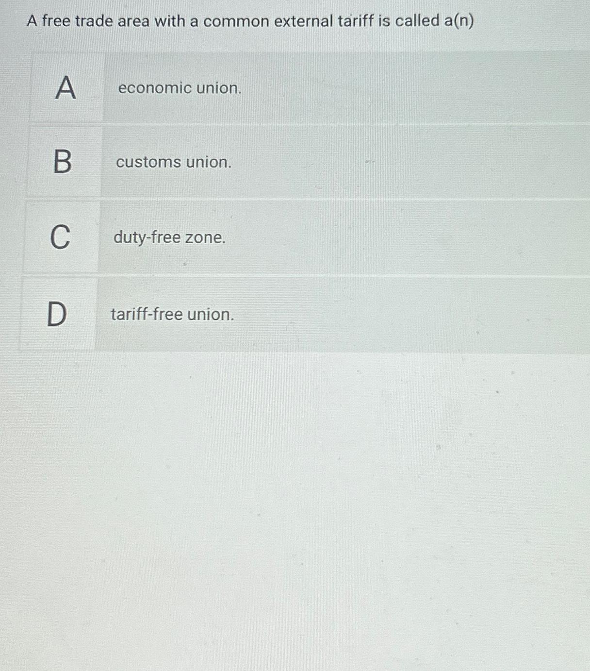 Solved A free trade area with a common external tariff is | Chegg.com