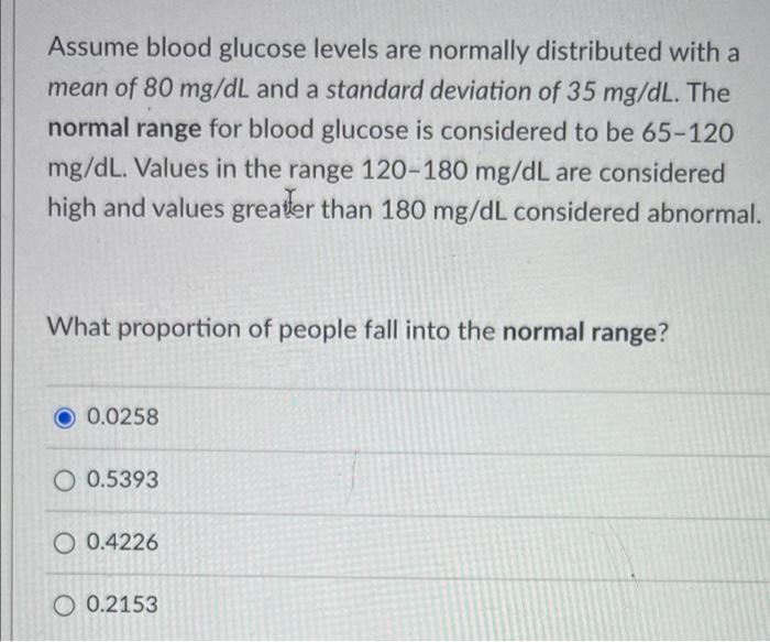 Solved Assume blood glucose levels are normally distributed