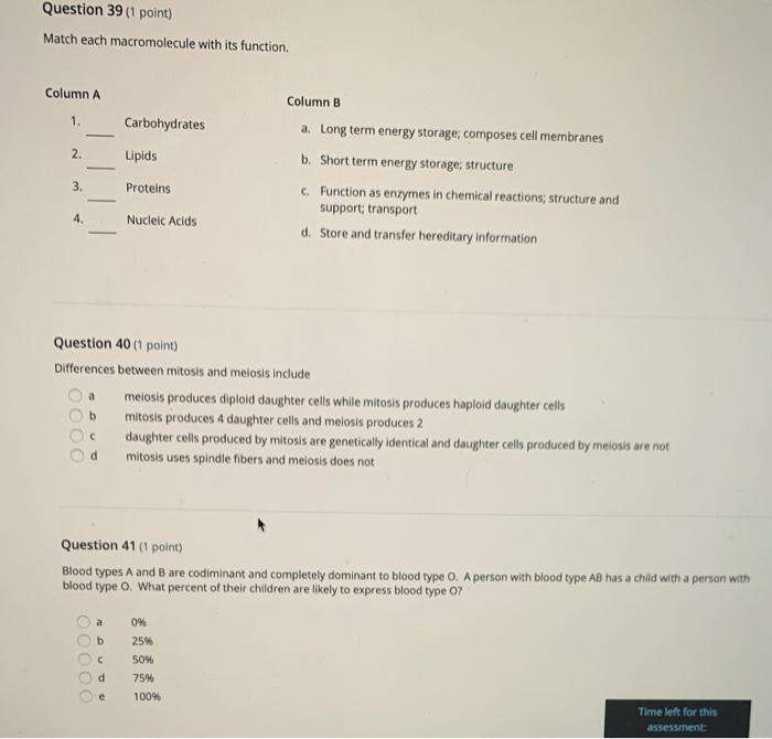 Solved Question 39 (1 point) Match each macromolecule with | Chegg.com