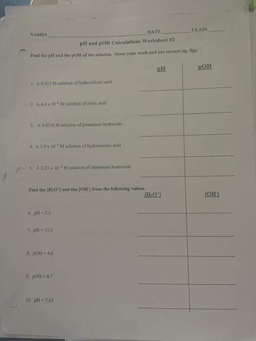 Solved DATH. NAMES pH and pOH Calculations Worksheet #2 Find | Chegg.com