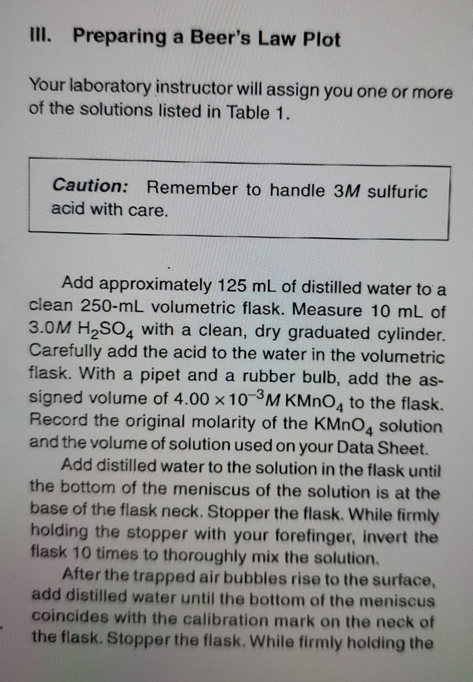 Solved III. Preparing a Beer's Law Plot Original molarity