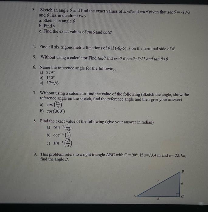 Solved 3. Sketch an angle θ and find the exact values of | Chegg.com