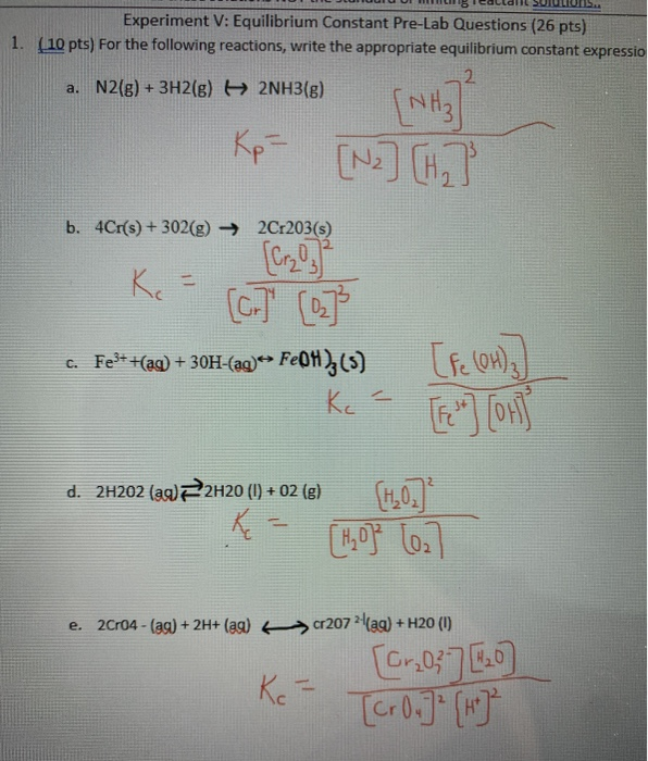 Solved Experiment V: Equilibrium Constant Pre-Lab Questions | Chegg.com