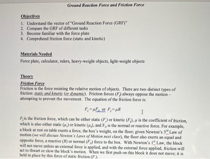 Solved Ground Reaction Force and Friction Force Objectives | Chegg.com