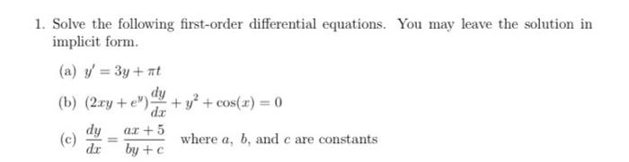 Solved 1. Solve the following first-order differential | Chegg.com