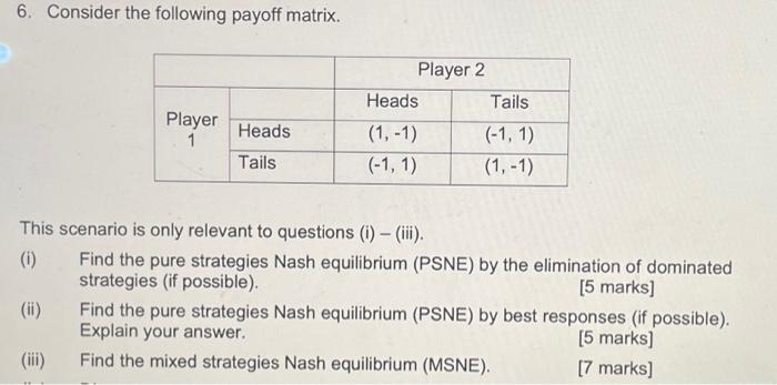 Solved 6. Consider the following payoff matrix. This | Chegg.com