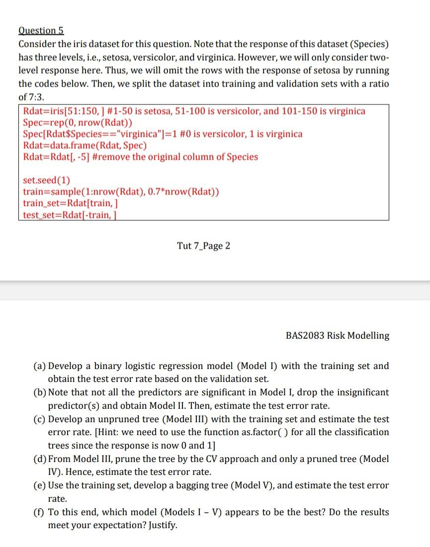 Solved Question 5 Consider the iris dataset for this | Chegg.com