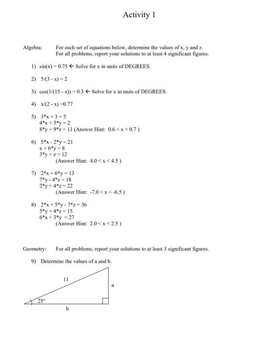 Solved Activity 1 Algebra For Each Set Of Equations Below Chegg Com