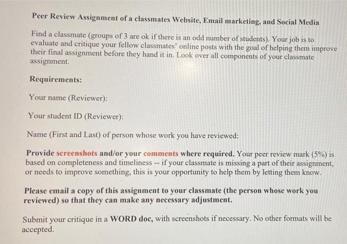 Peer Review Assignment of a classmates Website, Email | Chegg.com