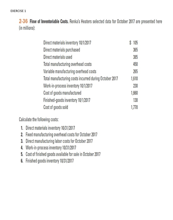 Solved EXERCISE 1 236 Flow of Inventoriable Costs. Renka's