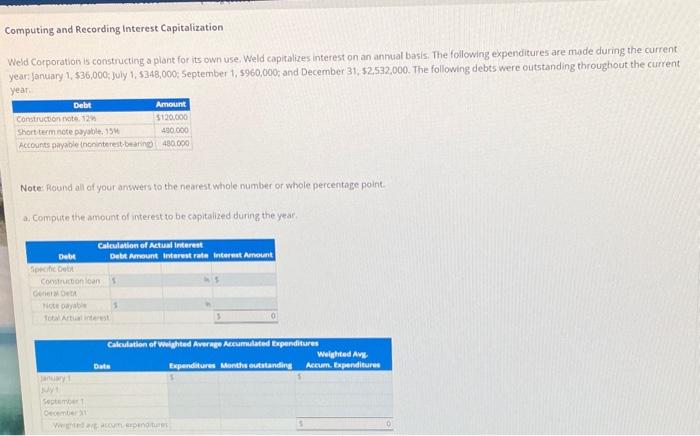 Computing and Recording Interest Capitalization
Weld Corporation is constructing a plant for its own use. Weld capitalizes in