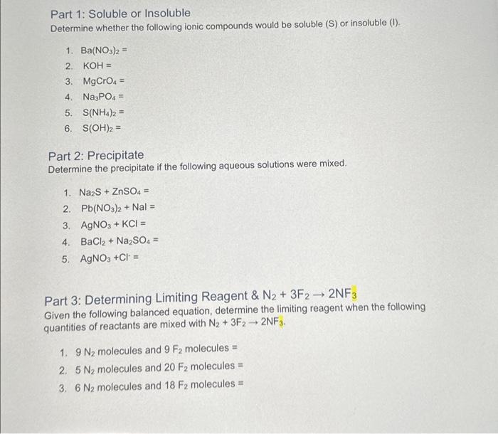 Solved Part 1: Soluble or Insoluble Determine whether the | Chegg.com