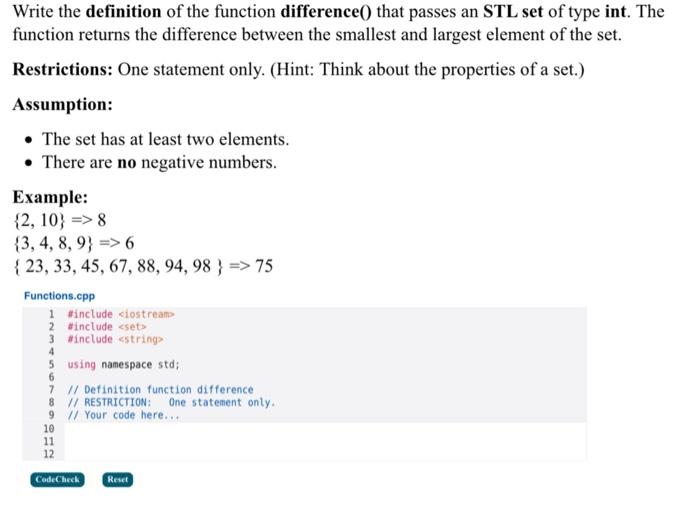 Solved Write the definition of the function difference() | Chegg.com ...