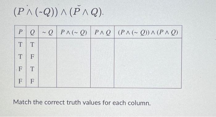 Solved (P∧(∼Q))∧(Pˇ∧Q) Match the correct truth values for | Chegg.com