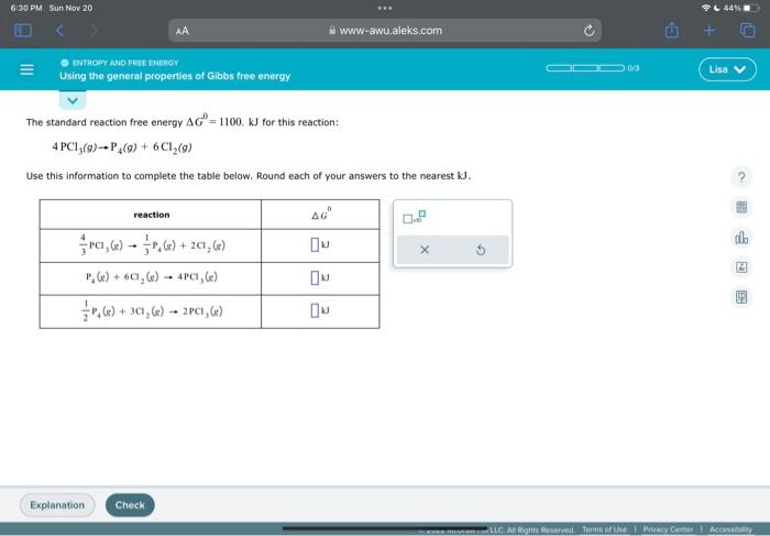 The standard reaction free energy \( \Delta G^{0}=1100 \). kJ for this reaction:
\[
4 \mathrm{PCl}_{3}(g) \rightarrow \mathrm