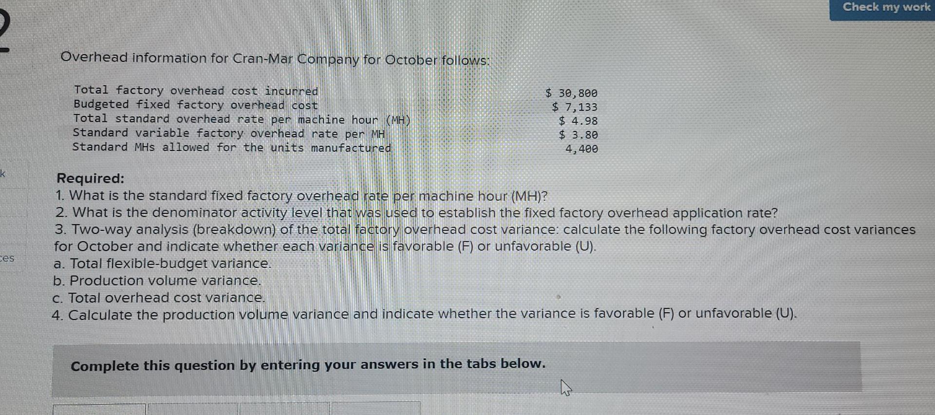 Solved 1. what is the standard fixed factory overhead rate