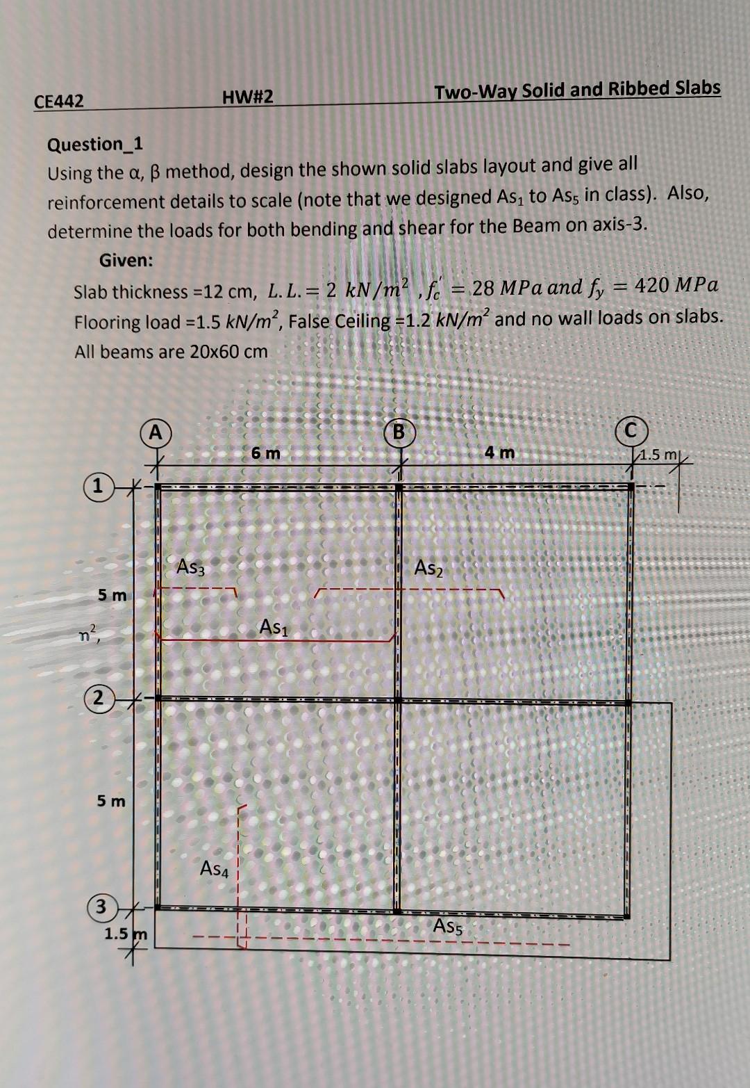 Question_1
Using the \( \alpha, \beta \) method, design the shown solid slabs layout and give all reinforcement details to sc