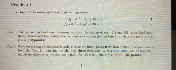 Solved Problem 1 . Given the following system of nonlinear | Chegg.com