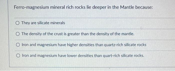 Solved Ferro-magnesium mineral rich rocks lie deeper in the | Chegg.com