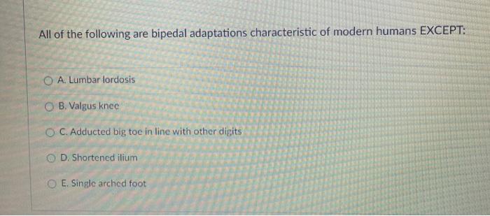 Solved All Of The Following Are Bipedal Adaptations Chegg Com