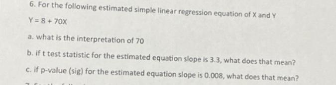 Solved 6. For the following estimated simple linear | Chegg.com