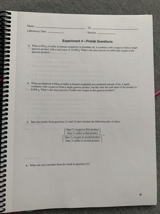 Solved Name Laboratory Date TA Section Experiment 4-Prelab | Chegg.com