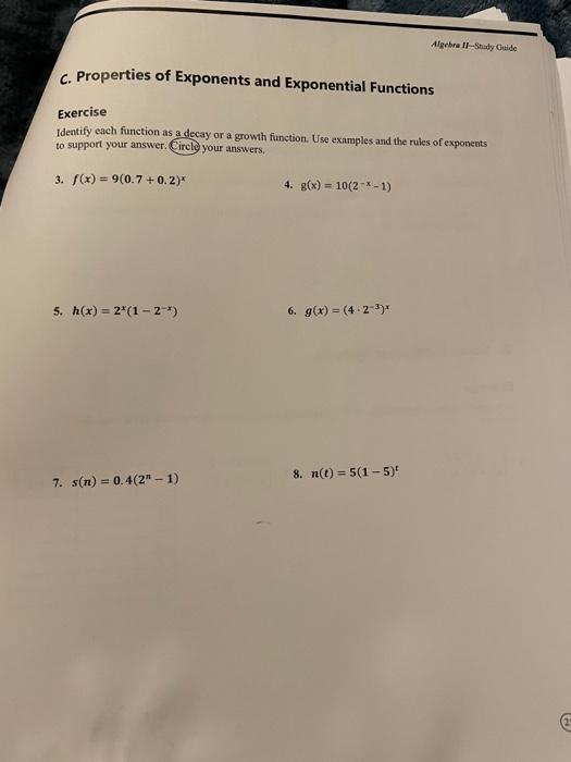 Solved Algebra II-Study Guide C. Properties of Exponents and | Chegg.com