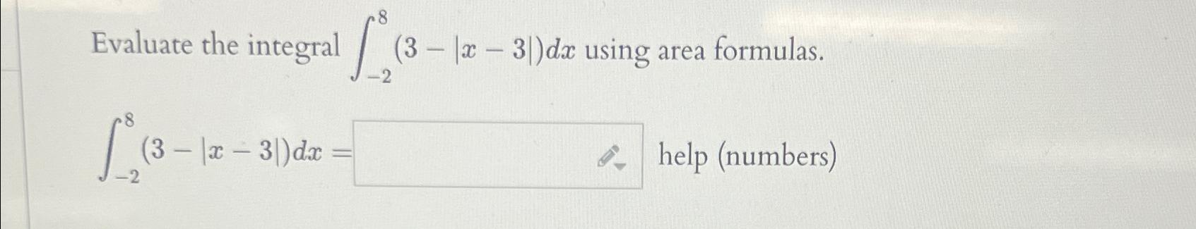 Solved Evaluate the integral ∫-28(3-|x-3|)dx ﻿using area | Chegg.com