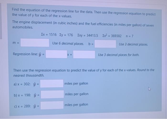 Solved Find the equation of the regression line for the | Chegg.com