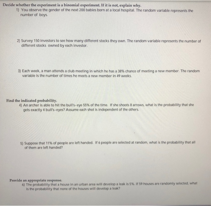 Solved Decide whether the experiment is a binomial | Chegg.com