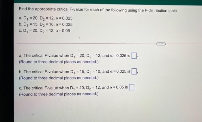 Solved Find the appropriate critical F-value for each of the | Chegg.com