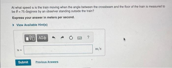 At what speed \( u \) is the train moving when the angle between the crossbeam and the floor of the train is measured to be \