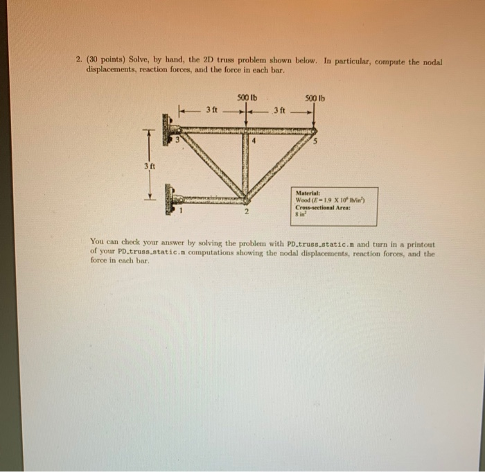 Solved 2. (30 points) Solve, by hand, the 2D truss problem | Chegg.com