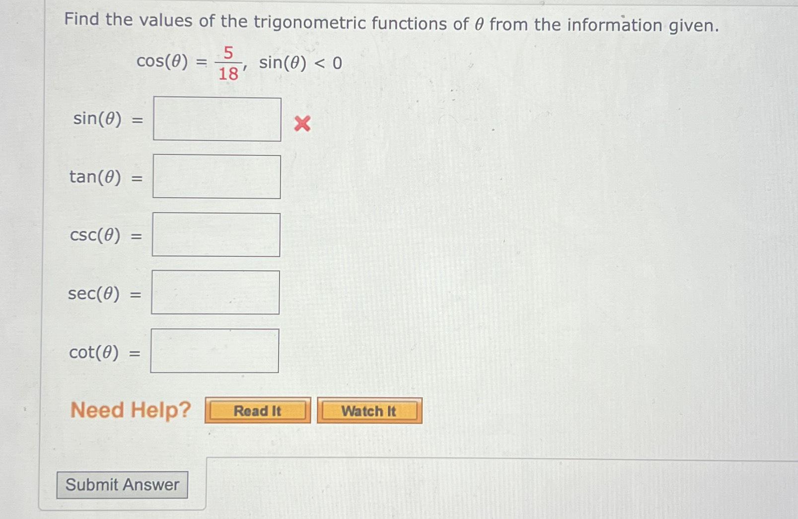 Solved Find the values of the trigonometric functions of θ | Chegg.com