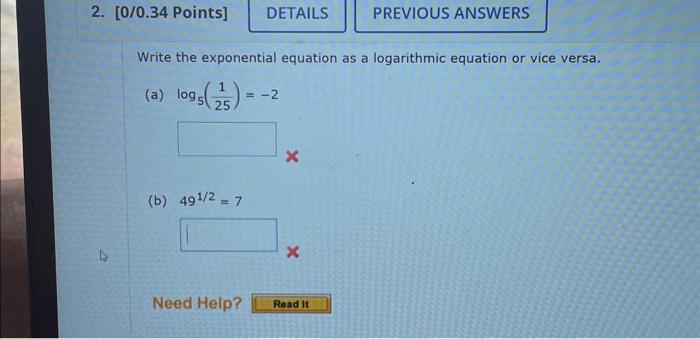 Solved Write the exponential equation as a logarithmic | Chegg.com