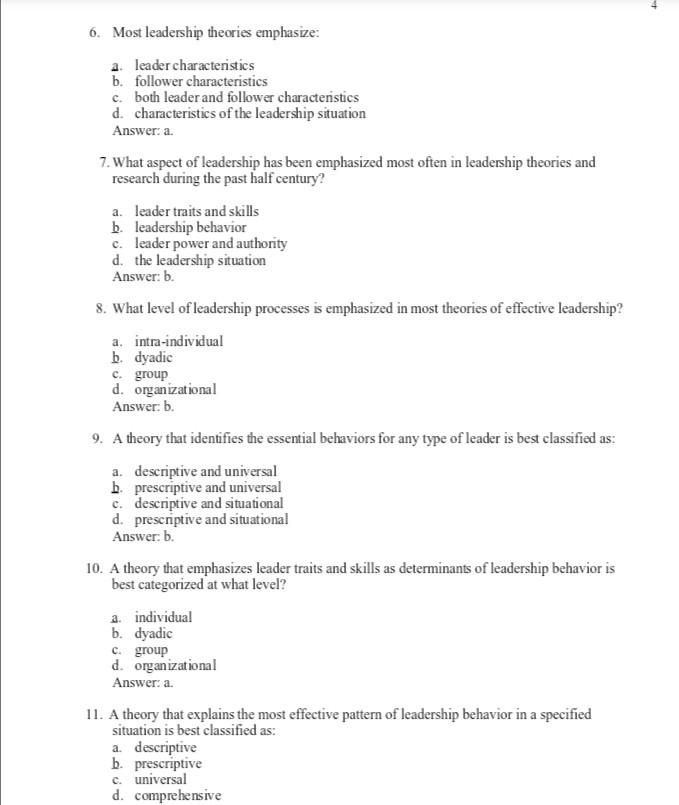 Solved 4 6 Most Leadership Theories Emphasize A Leader Chegg Com