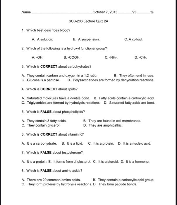 Solved Name October 7, 2013 125 % SCB-203 Lecture Quiz 2A 1. | Chegg.com