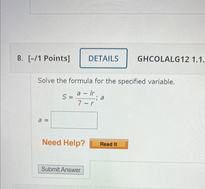 Solved 8. [-/1 Points] DETAILS GHCOLALG12 1.1. Solve The | Chegg.com