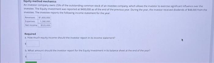 Solved Equity method mechanics An investor company owns 25% | Chegg.com