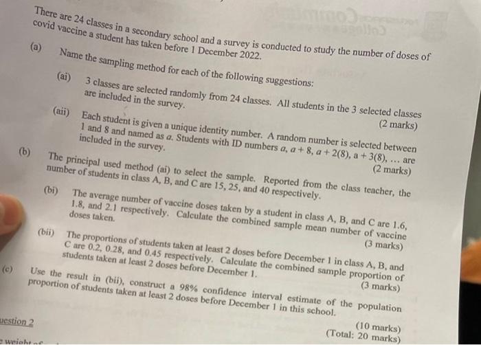 Solved There are 24 classes in a secondary school and a | Chegg.com