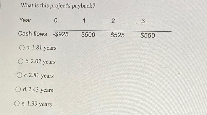 Solved What is this project's payback? a. 1.81 years b. 2.02 | Chegg.com
