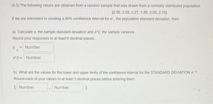 Solved (9.3) The following values are obtained from a random | Chegg.com
